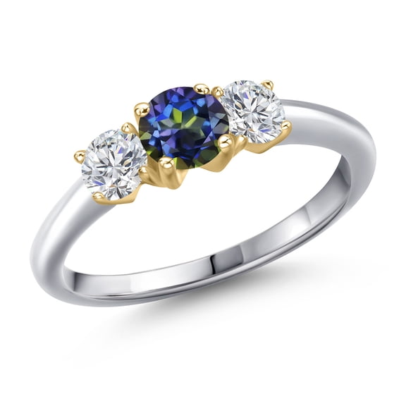 Gem Stone King 925 Silver and 10K Yellow Gold Blue Mystic Topaz and Lab Grown Diamond Engagement Ring for Women | 1.04 Cttw | Round 5MM | Gemstone November Birthstone | Size 8
