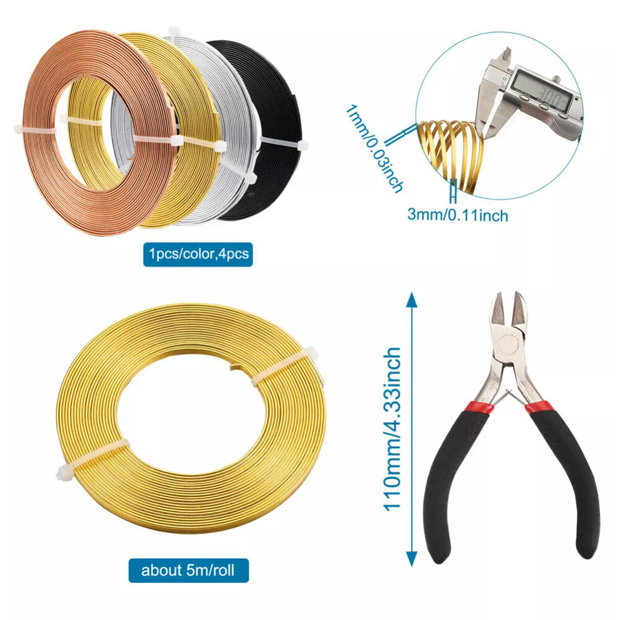 U8MO 4 Rolls 5m/roll 3mm Flat Aluminum Crafting Wire &1pc Carbon Steel Jewelry Pliers