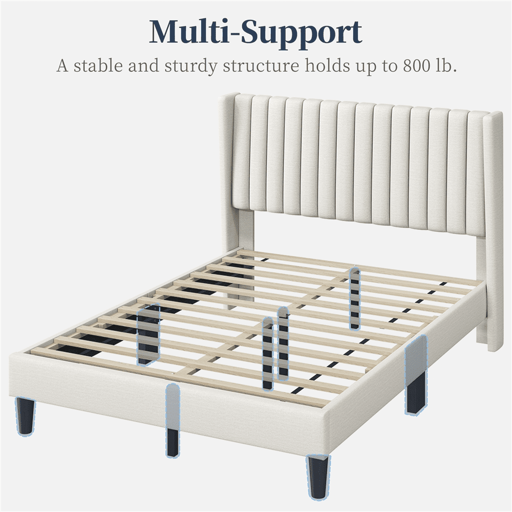 Fullfurnique Lit Rembourré avec Tête de Lit à Oreilles Design a Cannelures, Taille Queen, Ivoire