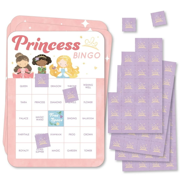 Big Dot of Happiness Princess Bingo Cards and Markers, Princess Birthday Party Bingo Game Activity for Kids - Set of 18