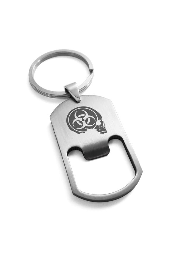 Stainless Steel Biohazard Skull Zombie Engraved Bottle Opener Dog Tag Keychain Keyring