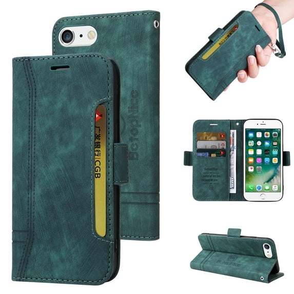 TECH CIRCLE Case for Apple iPhone 8 Plus/Apple iPhone 7 Plus,Shockproof Premium PU Leather ID Credit Card Holder Wallet Case Magnetic Flip Kickstand Phone Cover with Hand Strap,Green