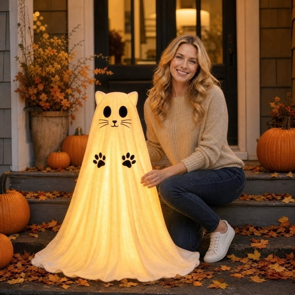 Halloween Light Up Cat Ghost Decorations Outdoor, 29.5" Spooky Standing Ghost Decor with Lights, Halloween Props for Yard Garden Porch Patio Mantel Home Party Supplies