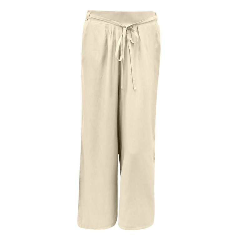 Skrfez Women's Wide Leg Pants with Pockets Lounge Beige Small High Waisted  Adjustable Tie Knot Loose Fit Lightweight Casual Palazzo Summer Spring  Flowy Beach Straight Comfy Baggy ElasticTrousers at  Women's Clothing