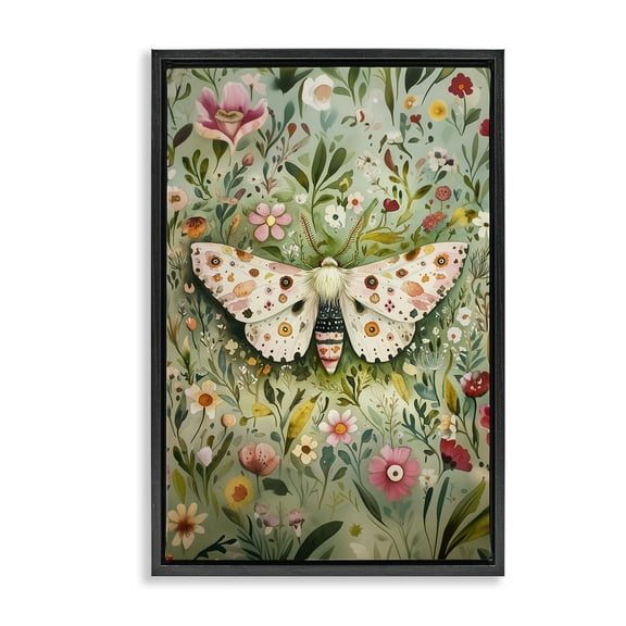 Stupell Industries Floral Moth & Botanicals Floral Painting Black Floater Framed Canvas Art Print Wall Art, 17 x 25