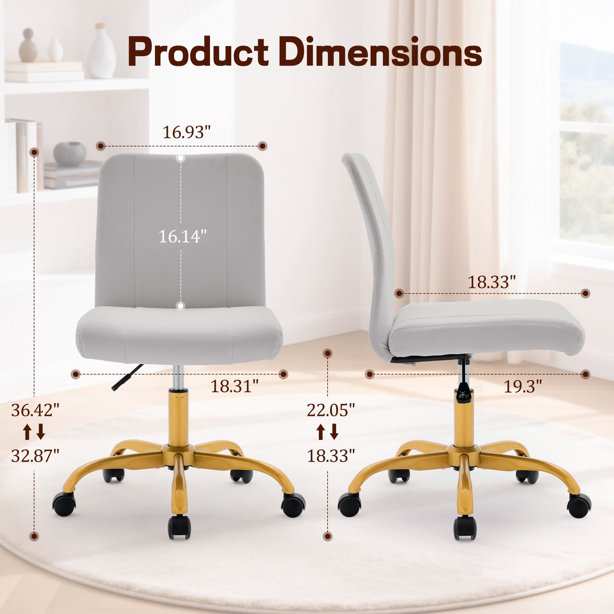 Korser Armless Home Office Desk Chair with Back Modern Vanity Chair with Adjustable Height,360° Swivel Task Chair,Velvet,Grey