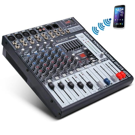 Boytone BT-60MX 6-Channel Bluetooth Studio Audio Mixer DJ Sound Controller, 7 Band Equalizer, 16 Effects, USB Port MP3, XLR Microphone Jack, RCA Input/output, DSP Echo, Headphone Jack, Recording