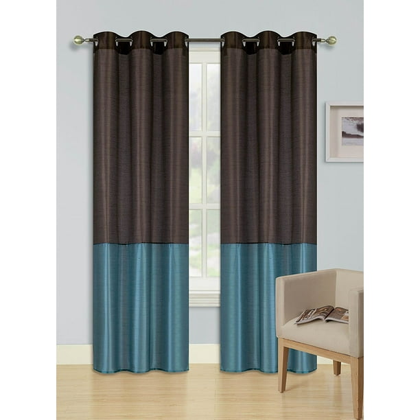2pc Brown Teal Heidi Faux Silk D Panel Top Chrome Metallic Grommet Window Curtain Treatment 2 Shade 37 Wide X 84 Length Com Brown Teal Heidi Faux Silk D Panel, Teal Grommet Curtains
