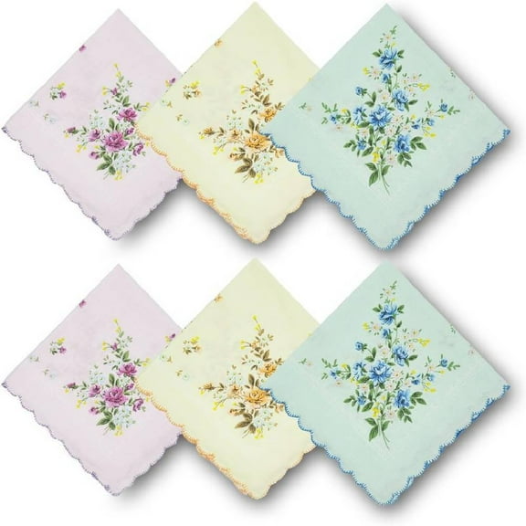 6X Women's Cotton Handkerchiefs Assorted with Wavy Edge and Print Floral 11.8 In