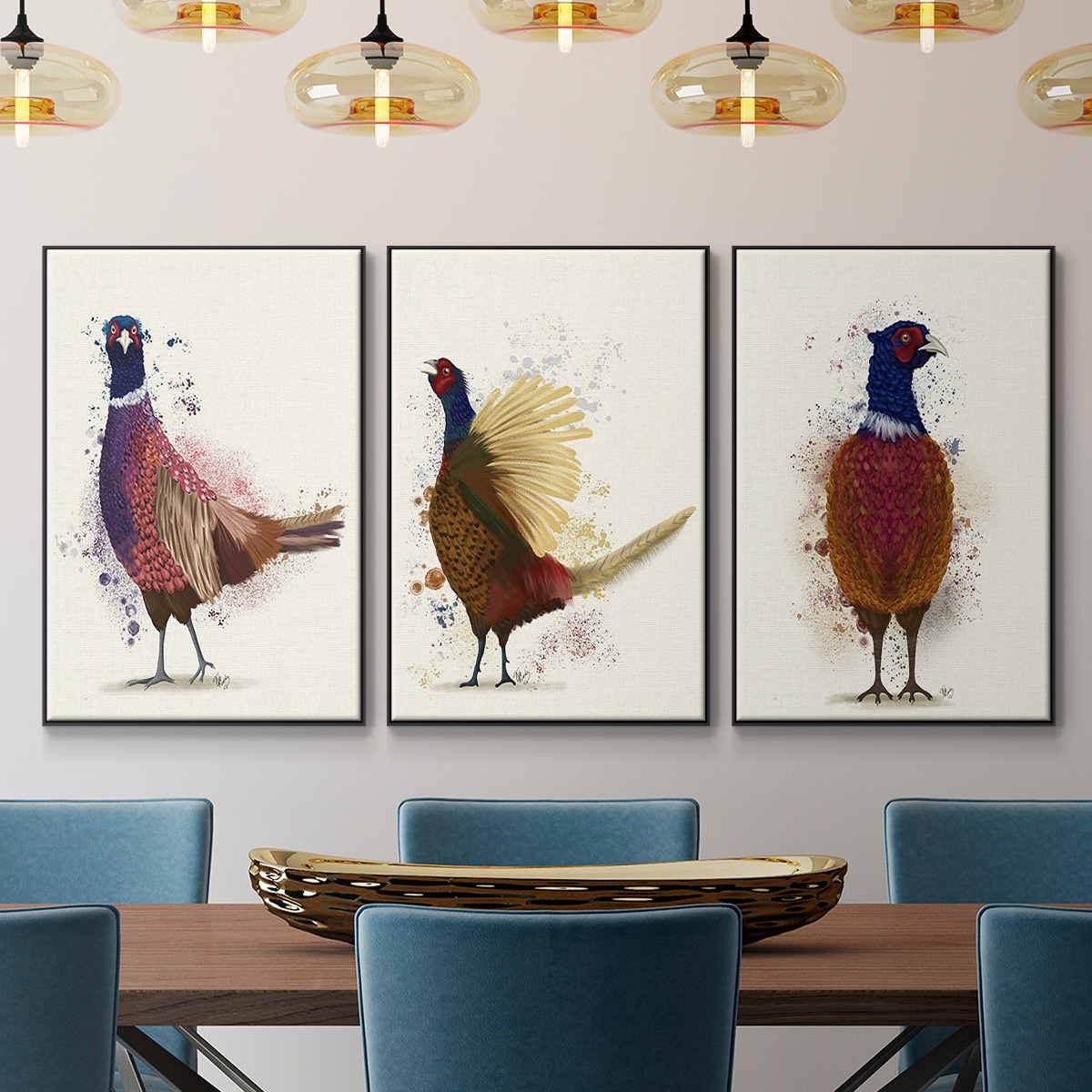 Pheasant Splash 3 - Framed Premium Gallery Wrapped Canvas L Frame 3 Piece Set - Ready to Hang