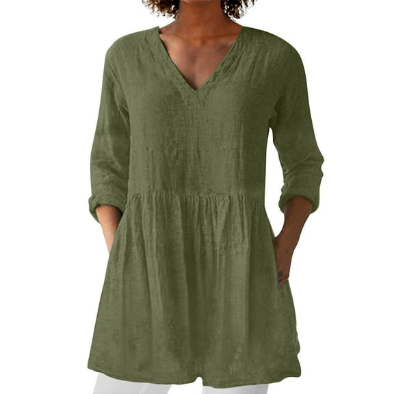 Green Tshirts for Women's Spring and Summer New Cotton and V Neck Mid Sleeve T Shirt Going Out Tops for Women