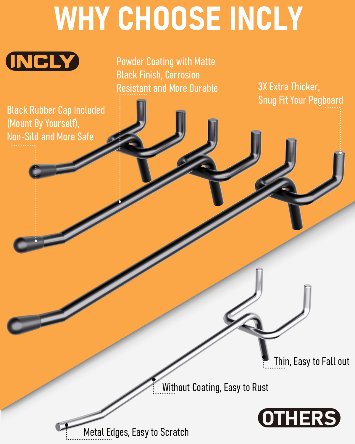 INCLY 60 Pack 2/4/6 Inch Black Pegboard Hooks, Heavy Duty Peg Board Shelving Hooks Accessories, Peg Board Tool Hangers Fit for 1/4" Pegboard Hanging Tools Garage, Craft Organizing, Kitchen, Store