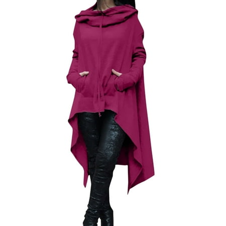 Fimkaul Women s Hoodies Sweatshirts Loose Hoodie Long Hooded Tops Ladies Sweatshirt Asymmetric Blouse Casual Sweaters Womens Tops Red L