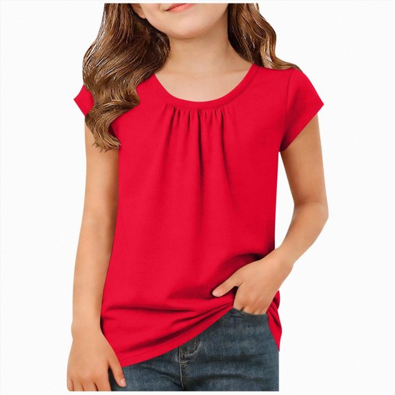 Quealent Pleated Shirt for Girl Short Sleeve Casual Tunic Tee Shirts Crewneck Slim Fit Soft Blouse Fashion Comfort Tops (Red, 11-12 Years)