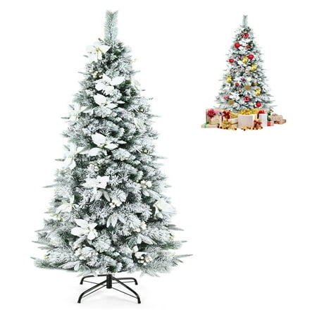 

BULYAXIA 6ft Snow White Christmas Tree Artificial Flocked Pencil Christmas Tree with Berries and Poinsettia Flowers for Home Office Holiday Decoration Xmas Tree with 617 Branch Tips Foldable Base