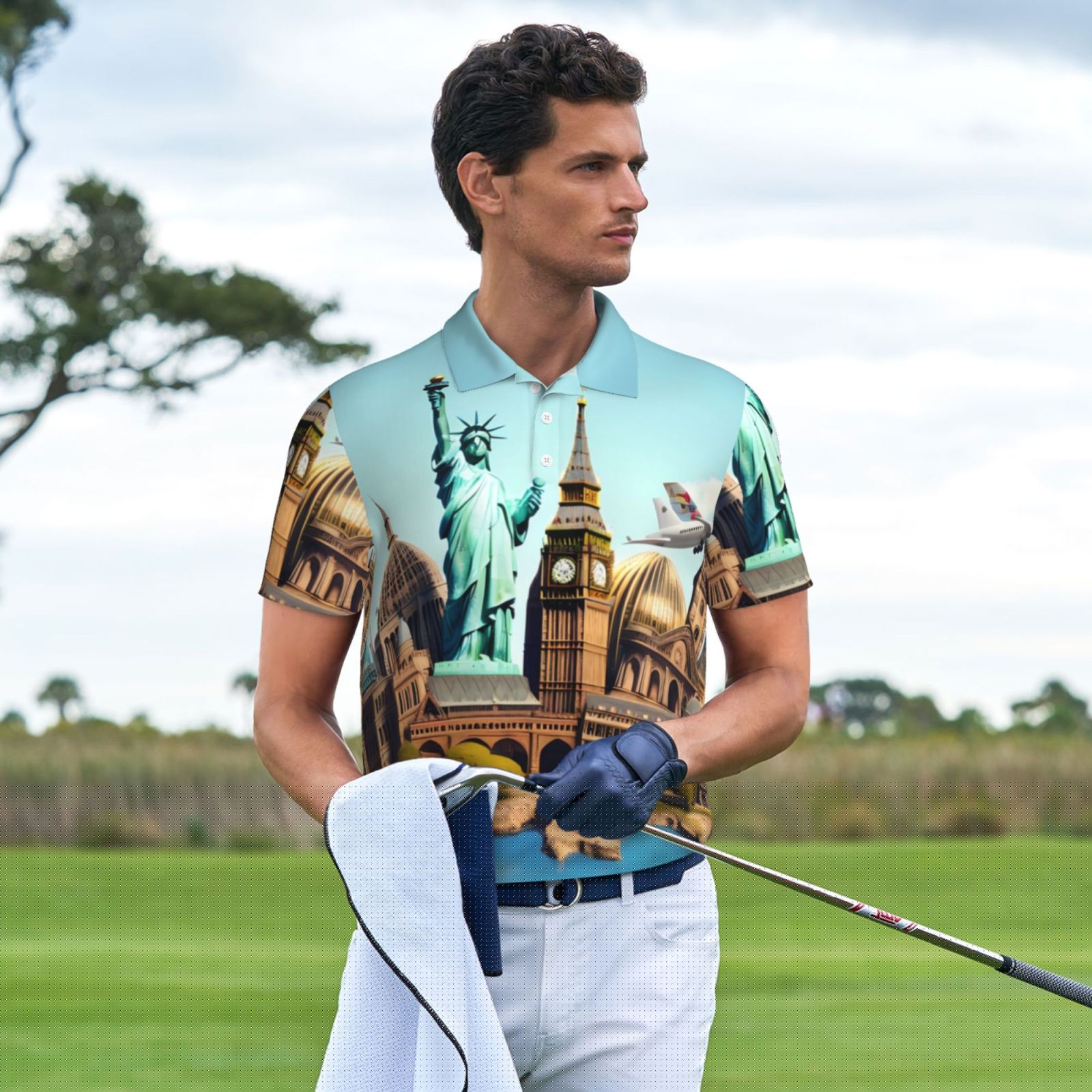 thumbnail image 3 of KLL Iconic Global Landmarks Print Men's Short Sleeve Golf Polo,Three-Button Polo Shirts Summer Fashion Golf Shirt-Small, 3 of 6
