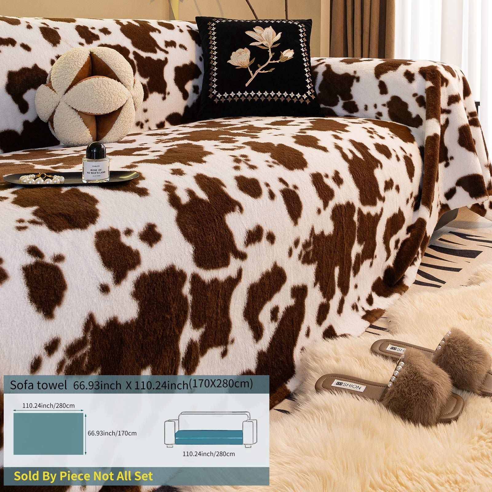 West Ivory 3-Seater Ultra-Thick Winter Soft Plush Couch Cover – Washable Furniture Protector for Dogs, Pets, Anti-Slip, Anti-Dust Sofa Cushion Cover, Cocoa and White, 110.24 x 66.93 Inches