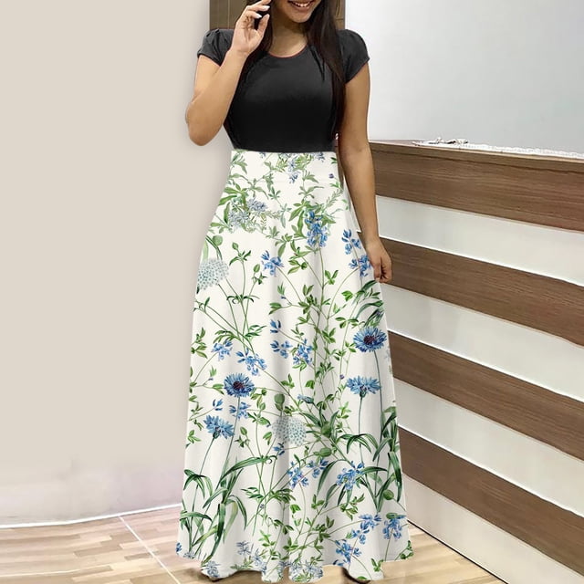 SMihono Robe Maxi Bohème d'Été pour Femmes Grande Taille Robe d'Été Colorée à Imprimé Floral Manches Courtes Robes de Plage Décontractées Maxi Robe de Plage