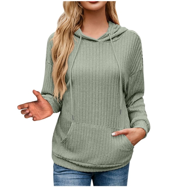 ameIAEA Hoodies for Women Long Sleeve Ribbed Knit Sweatshirts Drawstring Pullover Tops with Pockets