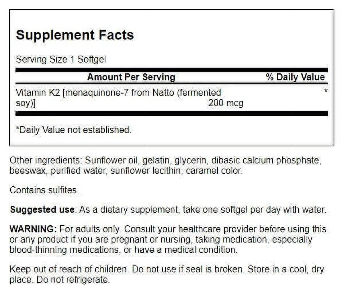 Swanson Maximum Strength Vitamin K2 (Menaquinone-7)-Vitamin Supplement Supporting Cardiovascular and Bone Health-Made from Japanese Natto to Help Regulate Calcium (30 Softgels, 200mcg Each)