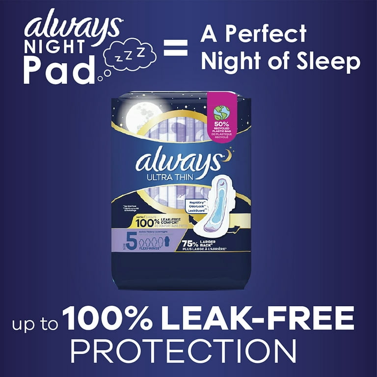 Always Ultra Thin Overnight Pads with Wings, Size 5, Extra Heavy Overnight  Absorbency, 46 CT