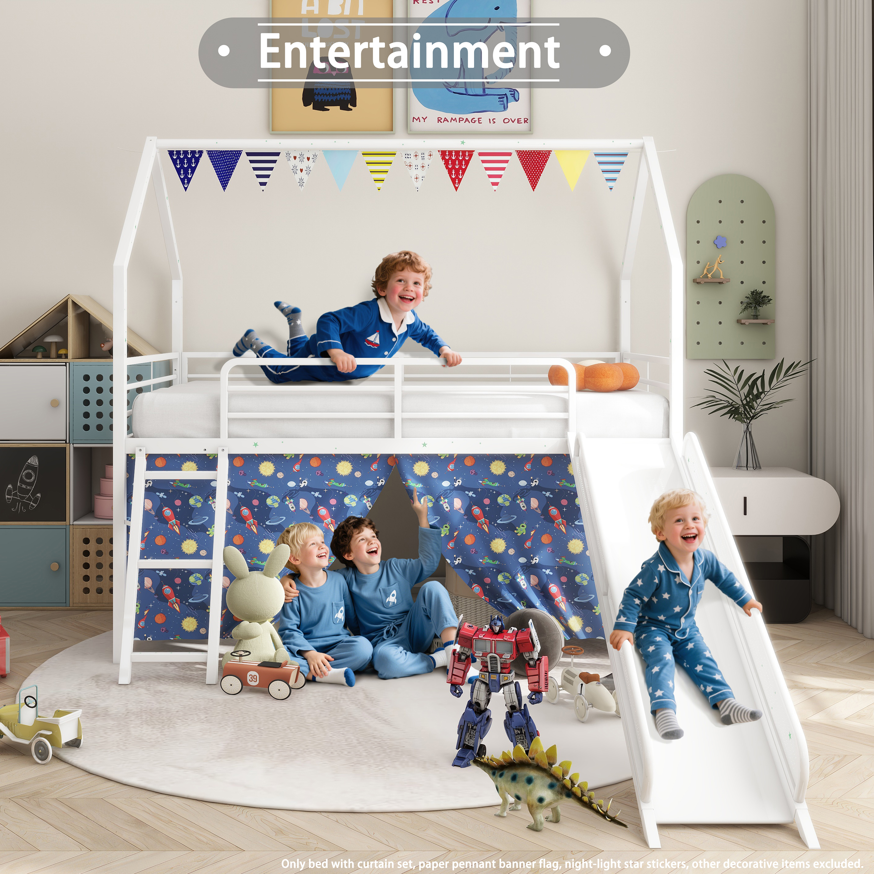 Miniyam Kids Twin Loft Bed with Slide and Curtain, House-Shaped Metal Frame Bunk with Guardrails, Ladder, White
