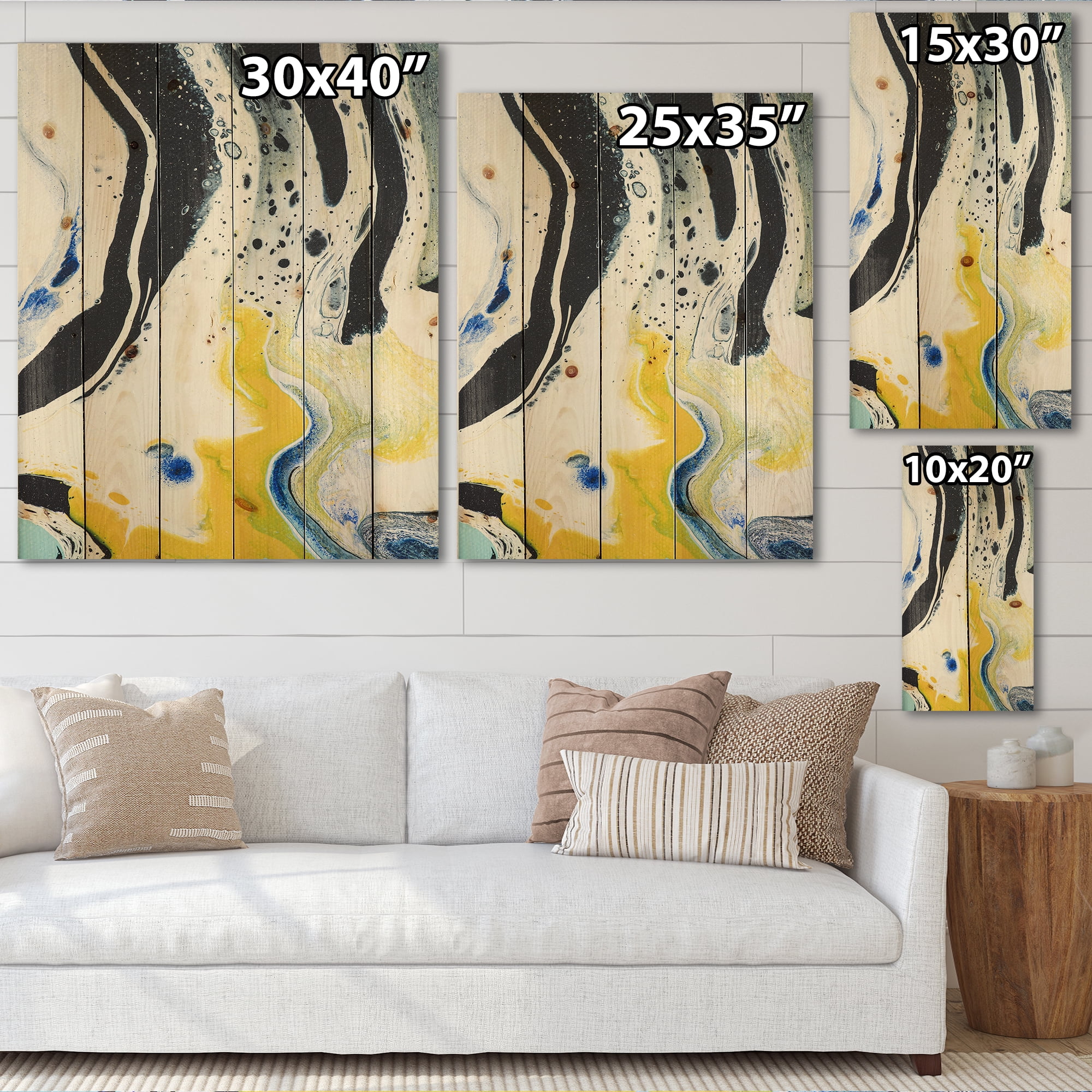 Designart 'Abstract Marble Composition In Blue and Yellow IV' Modern Print on Natural Pine Wood