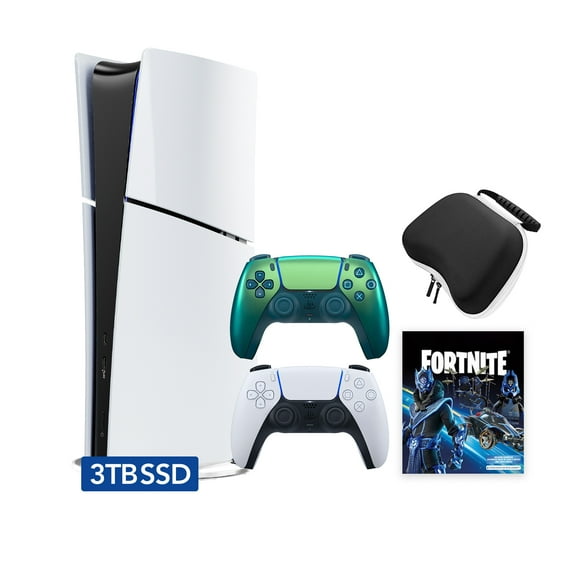 PlayStation 5 Slim Digital 3TB SSD Fortnite Cobalt Star Console with Two Controllers, White and Chroma Teal DualSense and Hard Shell Protective Controller Case - PS5 Slim Digital Console