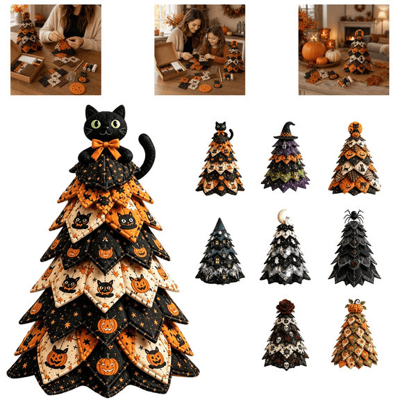 DIY Halloween Quilted Fabric Tree Kit, 3D Layered Fabric Sewing Craft Kit, Handmade Halloween Tabletop Decor for Mantel Shelf Home Display—I