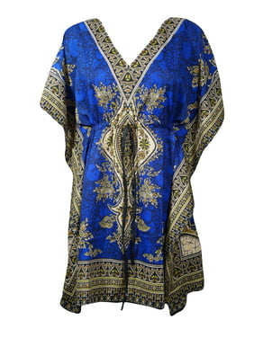 Mogul Women Royal Blue Short Caftan Dress Floral Print Kimono Sleeves Beach Bikini Cover Up Dresses 3XL