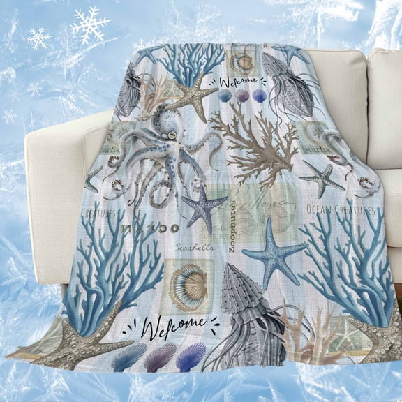 Blue Coastal Cooling Blanket, Lightweight Breathable Summer Throw Blanket with Double Sided Cold Effect,Nautical Coral Starfish Beach Summer Picnic Beach Blankets Bed Sheet for Hot Sleepers 60"x80"