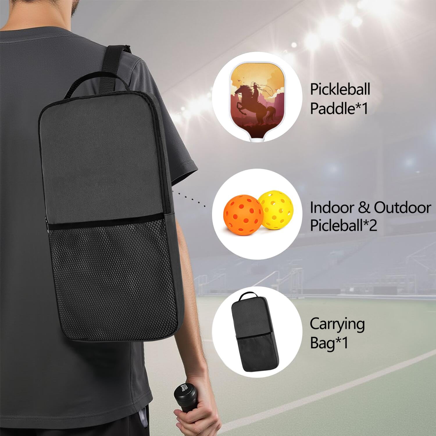 Pickleball Paddles Set Of 1, Fiberglass Surface, West & Cowboy Print, 1 Paddle, 2 Balls & Bag