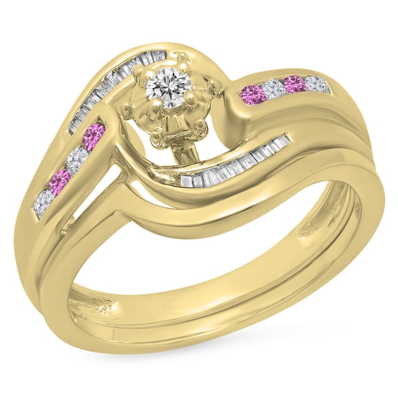 Dazzlingrock Collection 10K Round & Baguette Cut Pink Sapphire & White Diamond Bridal Engagement Ring Set, Yellow Gold, Size 10