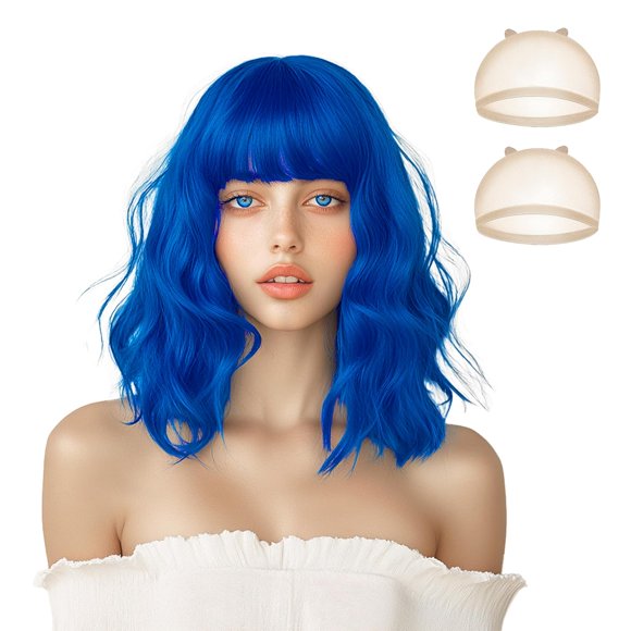 PinesC Blue Wigs for Women and Girl, Wavy Dark Blue Wig, 35’’ Short Blue Hair Wig, Natural Bob Blue Wig with Bangs, Shoulder Length Blue Curly Wig, Synthetic Cosplay Wig with 2 Wig Caps Blue