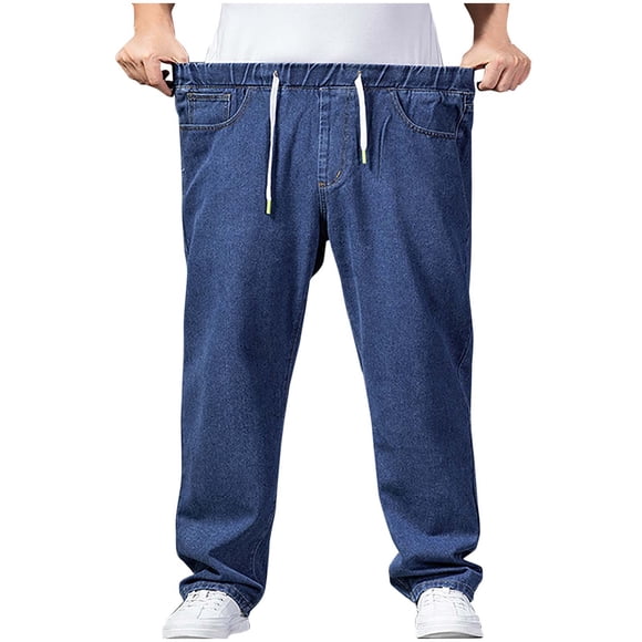 TIMIFIS Blue Men's Elastic Waist Denim Jeans Straight Solid Color Pants with Button Zipper and Pockets Fashion Stylish Pants Casual Streetwear Trousers Stretch Waist Pants for Fall Winter