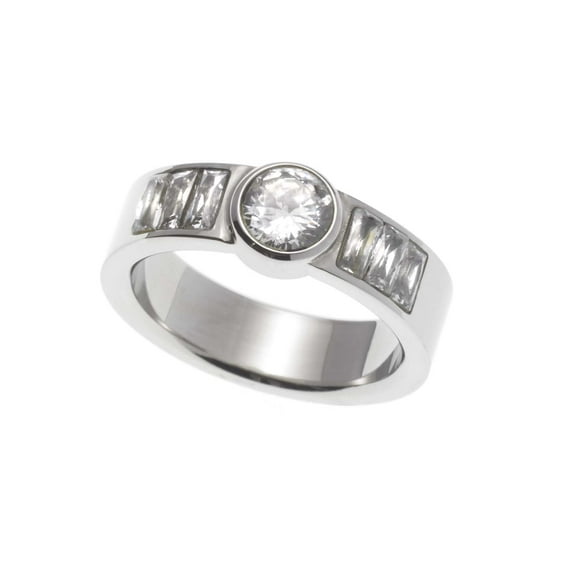 Round and Baguette Cut Cubic Zirconia Stainless Steel Engagement Ring size 10