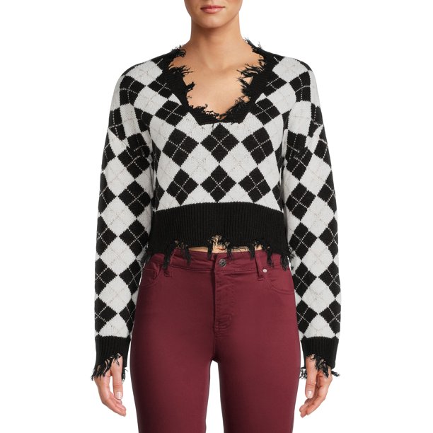 Just Polly Junior' Argyle Distressed Sweater