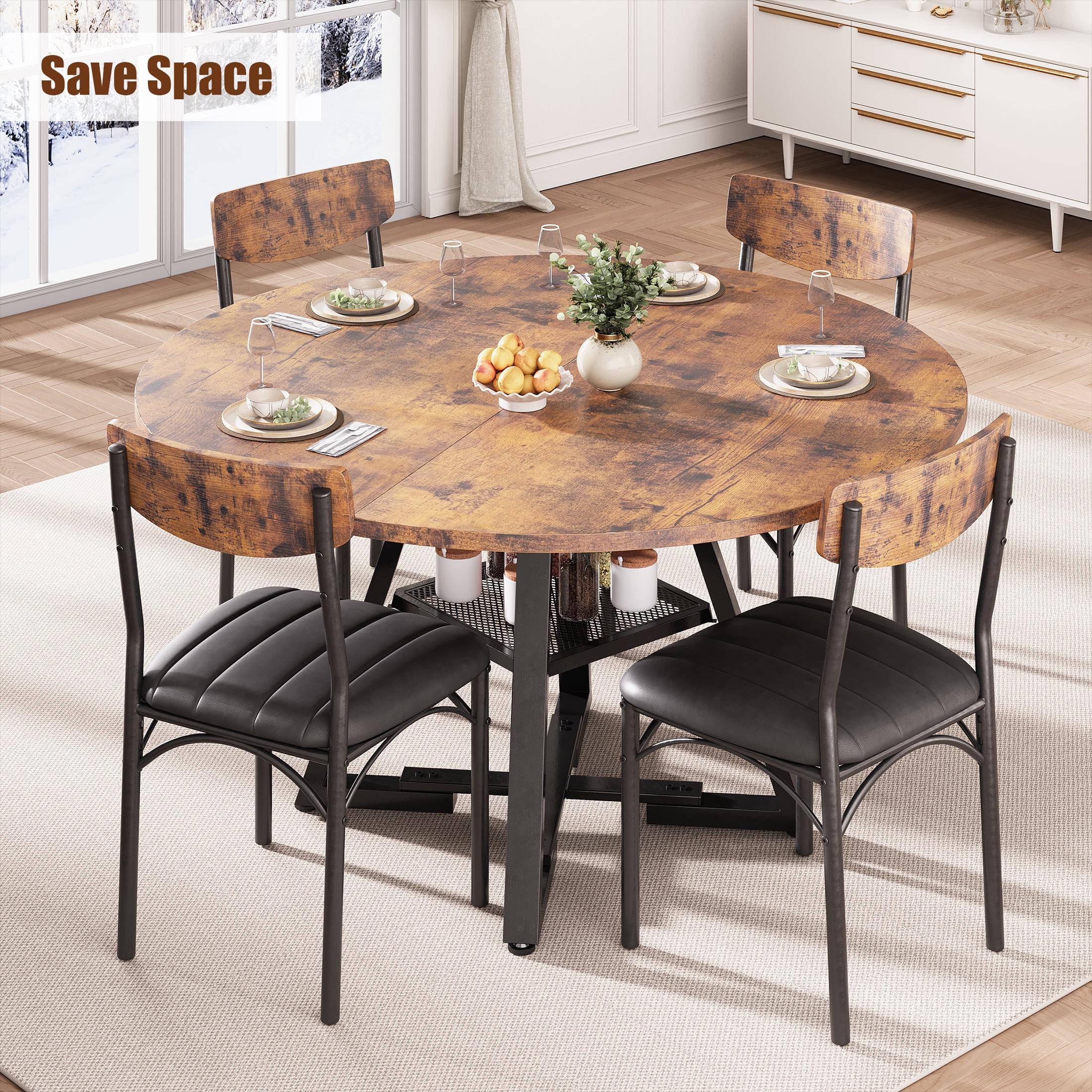 Hijob 47 inch Wood Dining Table for 4, Round Kitchen Dining Table with Storage Shelf for Home Dining Room Living Room, Brown(Only Table)