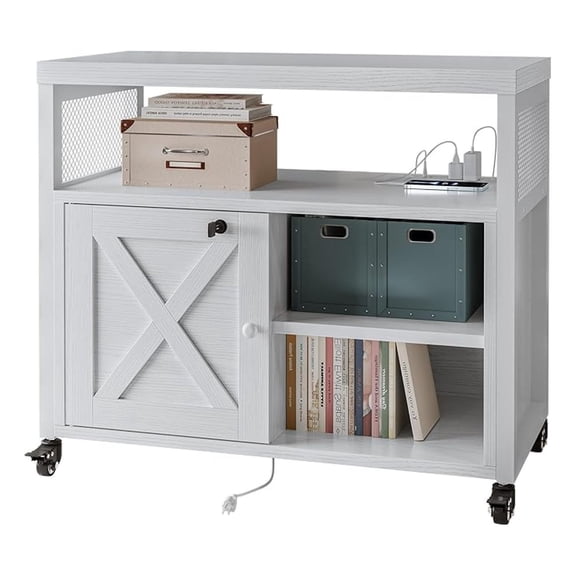 Farmhouse Printer Stand with Storage, Rolling Printer Cabinet with Shelves, Charge Station, Wheels, and File Cabinet for Home Office Storage (White)