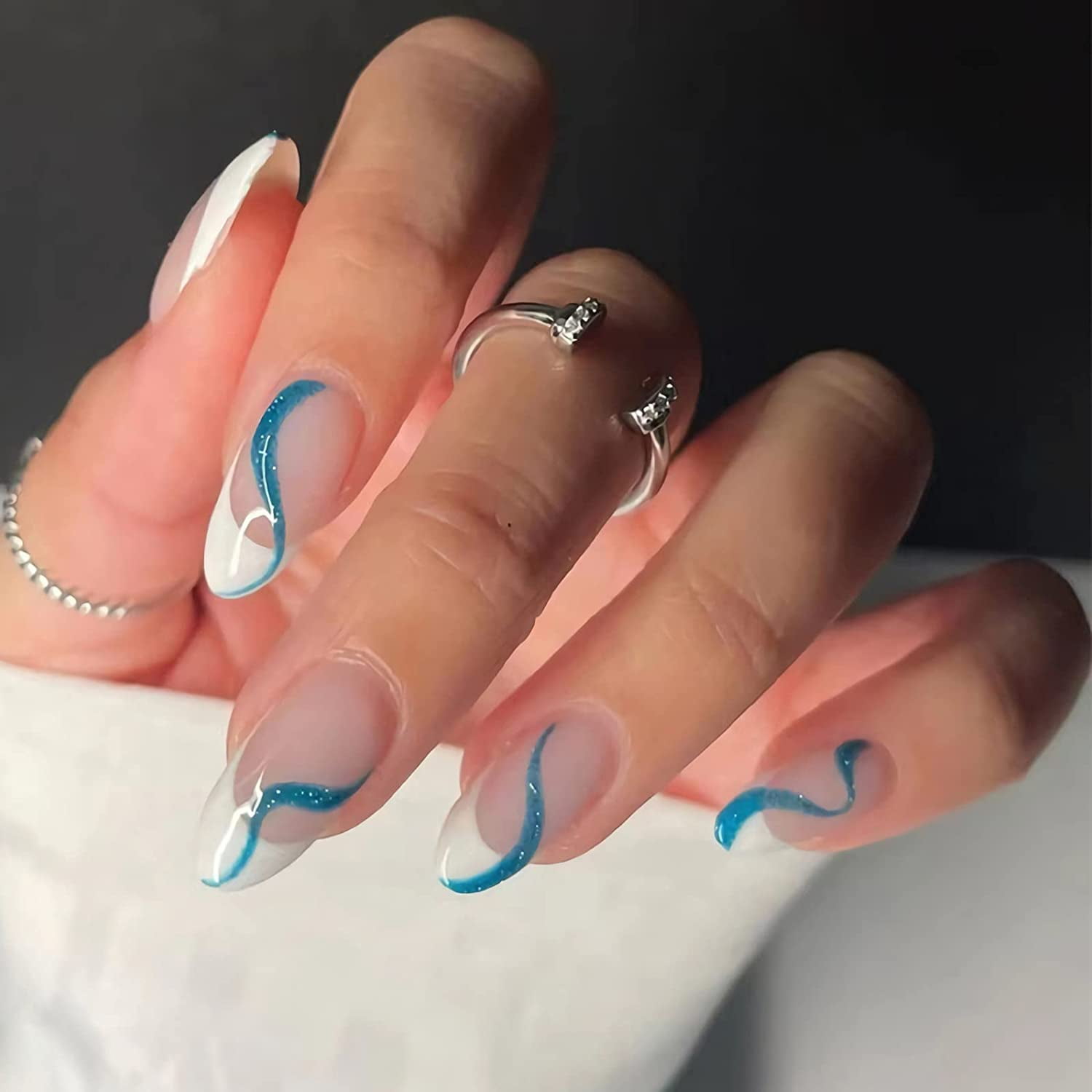 Glossy Blue Stripe Fake Nails with White French Tip Designs, Almond Shaped  Press on Nails Medium Full Cover Glue on Nails Water Drop Type Acrylic Nails  for Women Girls, 24Pcs 