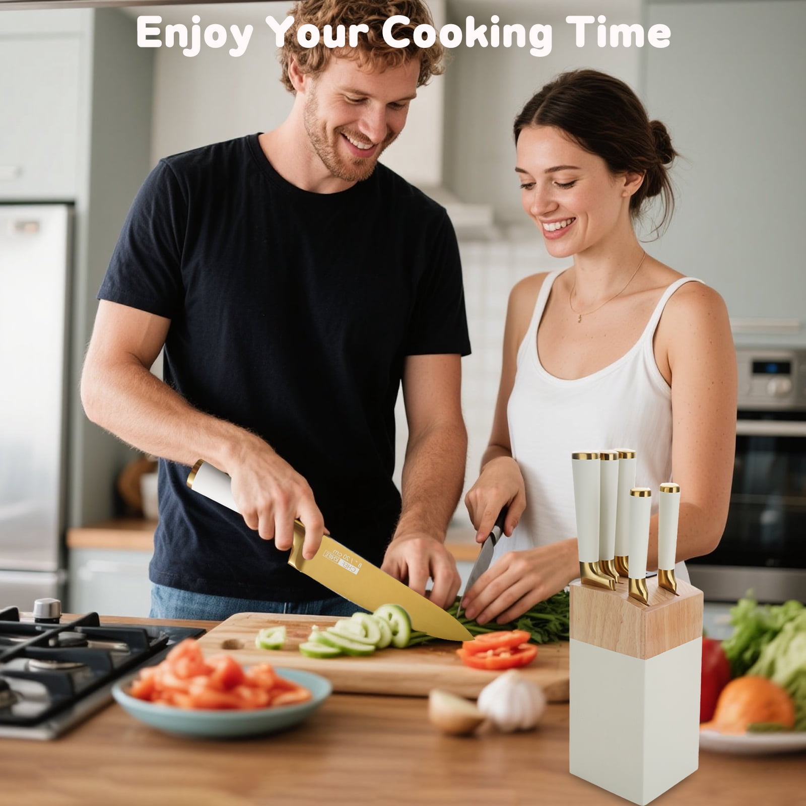 Kitchen Knife Set, 6-Pieces Golden Titanium Coated Knife Block Set with Wood Knife Block & Built-in Sharpener, Stainless Steel Sharp Chef Knife Set, Knives Set for Home Kitchen