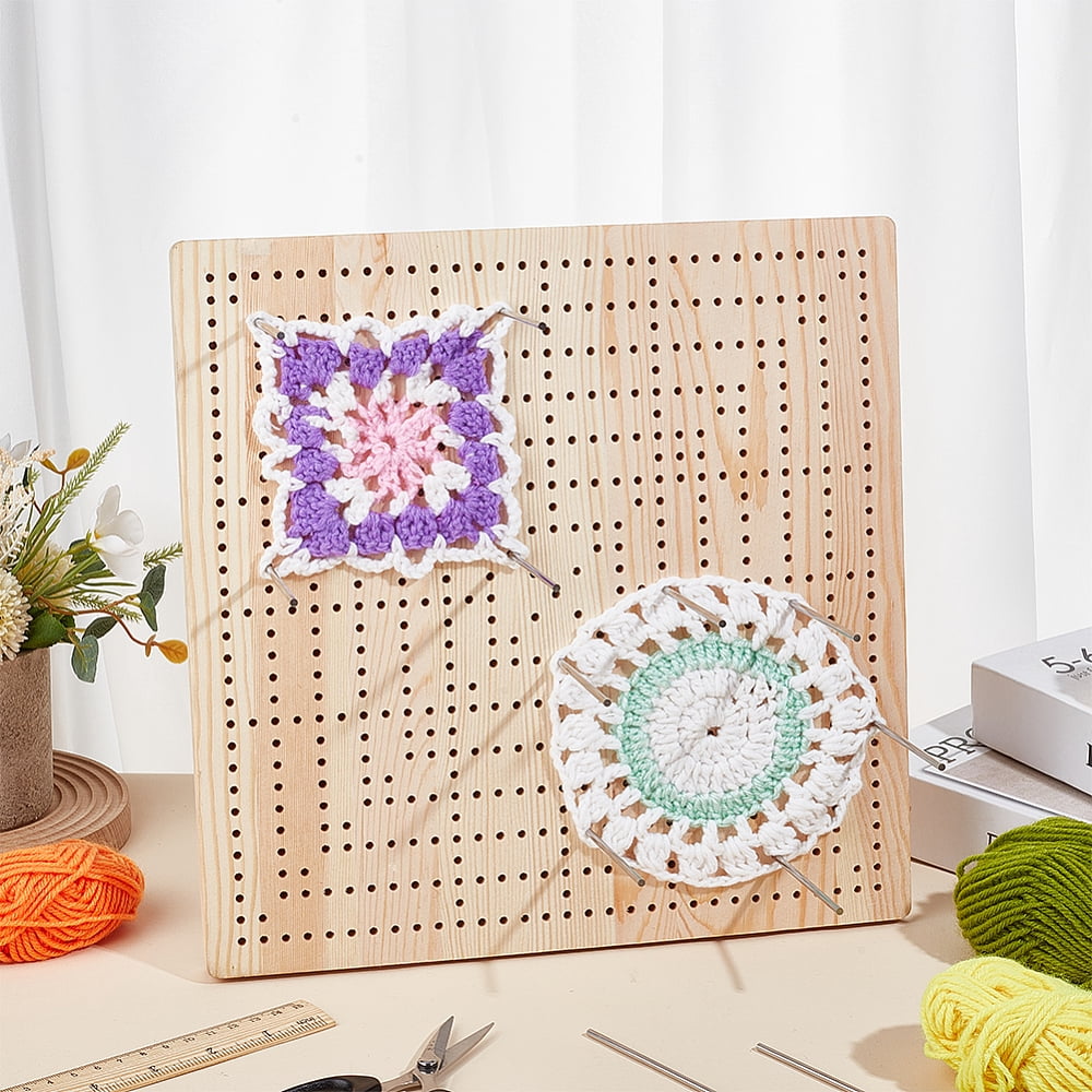 1set 13x11.8inch Crochet Blocking Board Square Wooden Blocking Mat with 24pcs 3.9" & 6pcs 5.9" Stainless Steel Rods for Handcrafted Knitting and Crocheting Sewing Gift