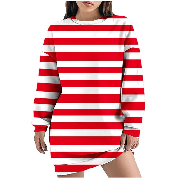 asdoklhq Church Dresses for Women Ladies' Fashionable and Casual Fall and Winter Round Neck Long Sleeved Printing Dress Red XL