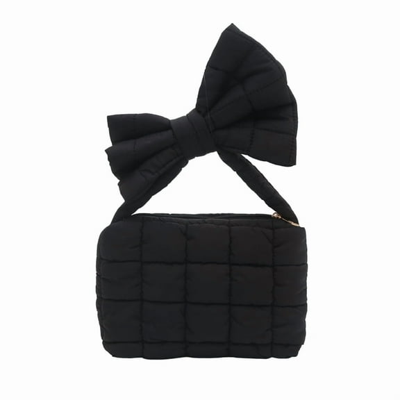 FAFA Quilted Puffer Tote Candy Colored Purse with A Big Bow Underarm Handbag Mini Shoulder Bag for Girls Winter (Black)