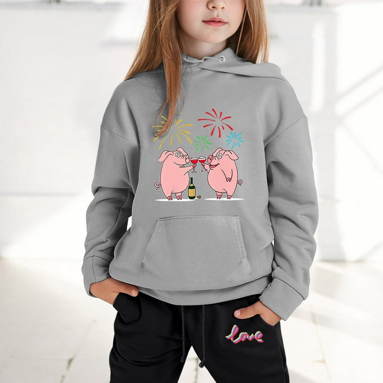 TJAZFJPA Big Sister Little Sister Matching Outfits Kids Hoodie Sweatshirt and Sweatpants New Year Cartoon Pig Prints Pullover Hoodie Set Tracksuit 2