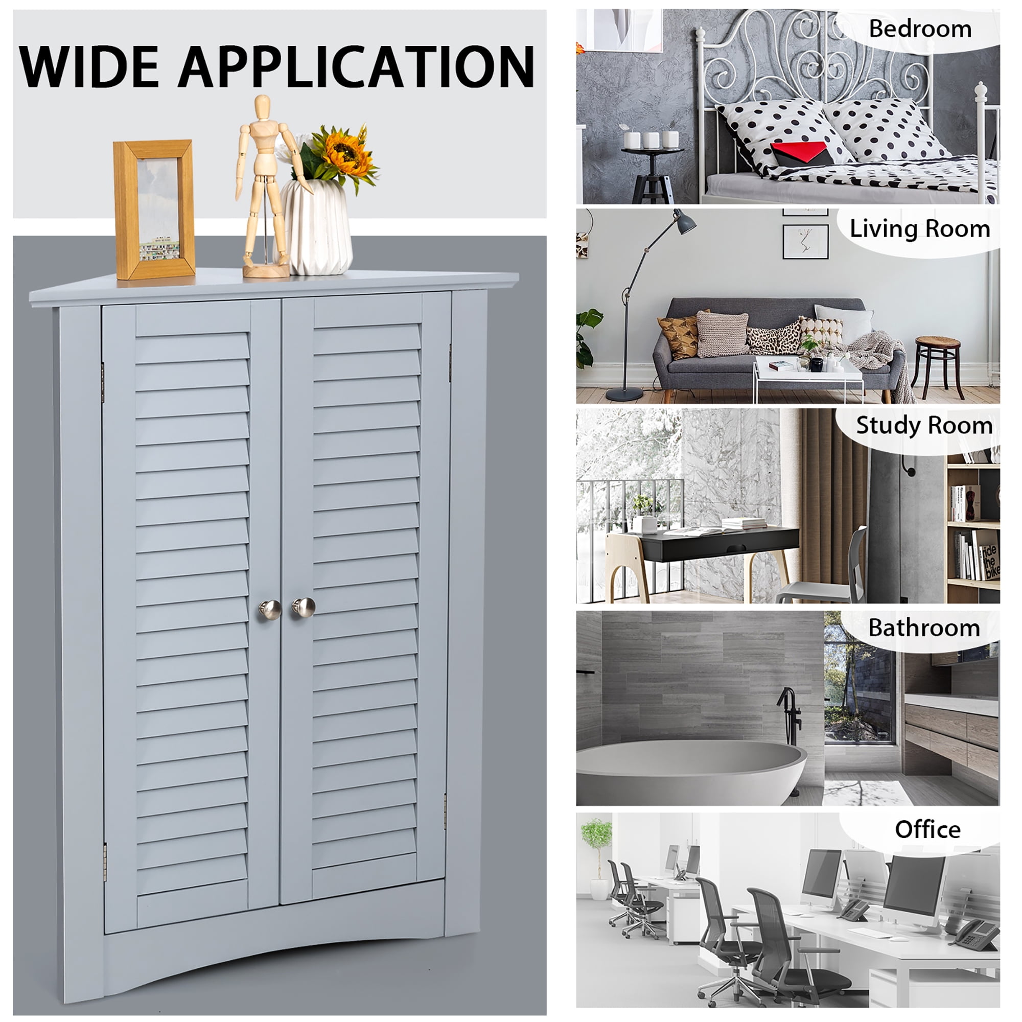 Corner Storage Cabinet Freestanding Floor Cabinet Bathroom w/ Shutter Door Grey