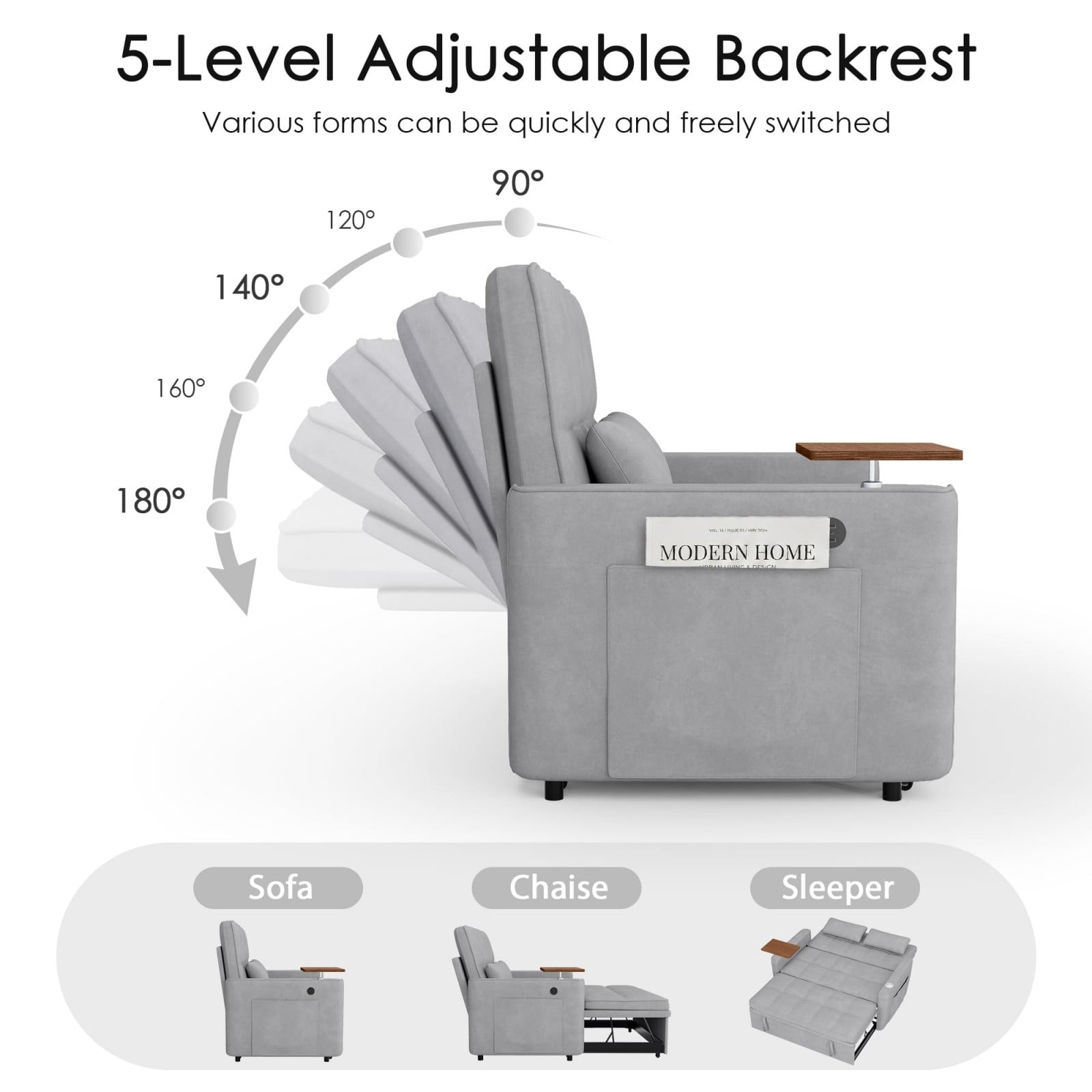 54" Sleeper Sofa Bed, Convertible Pull Out Couch Futon with Side Table, USB Ports, Cup Holder, Adjustable Backrest, Velvet Sofa Bed for Living Room Apartment, Light Gray
