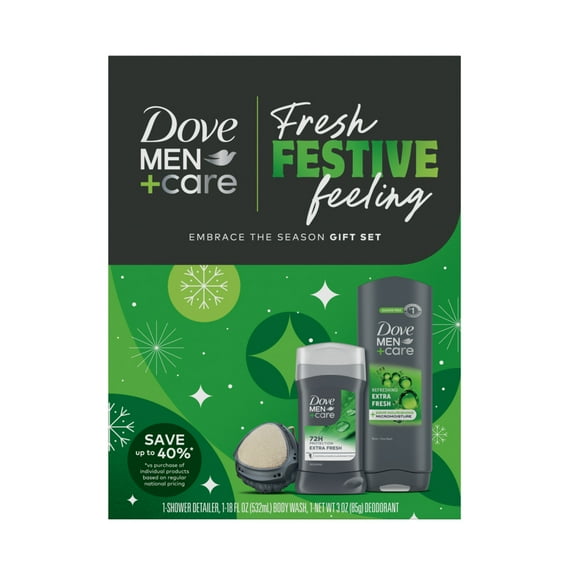 Dove Men Care Holiday Gift Set: Extra Fresh Body & Face Wash, Deodorant Stick, Shower Tool
