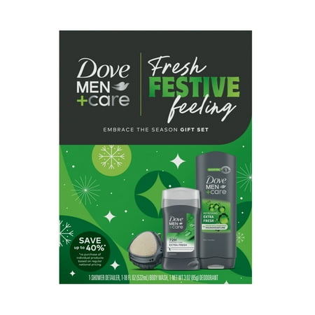 Dove Men+Care Holiday Gift Set: Extra Fresh Body & Face Wash, Deodorant Stick, Shower Tool