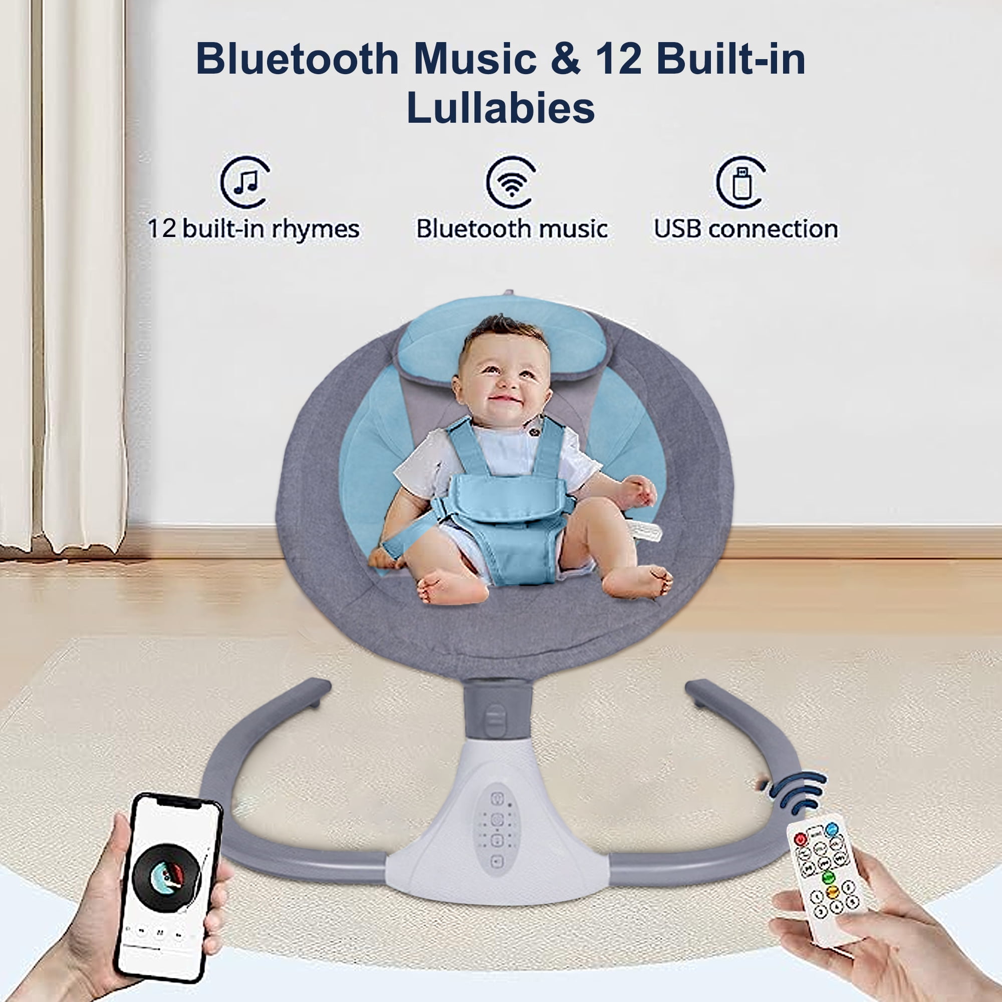 BEJOLO Electric Baby Swing for Infants, Portable Baby Bouncer with Remote Control,bluetooth Music, Blue